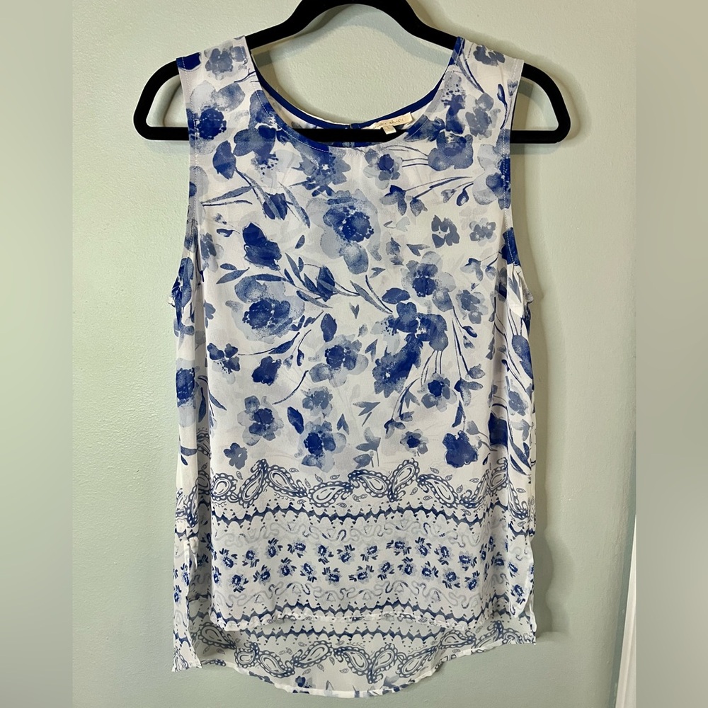 Under Skies White Tank Top with Blue Floral Print